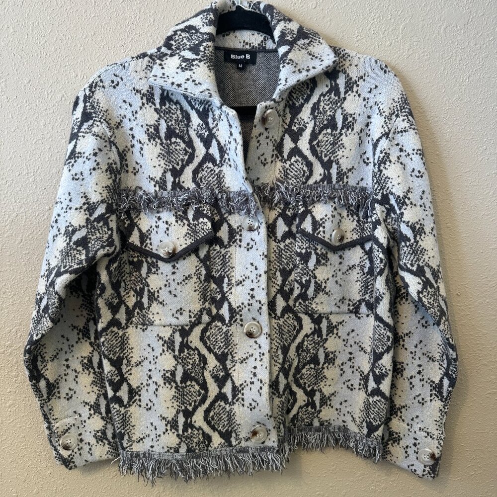 Blue B Snake Print Frayed Hem Jacket, S:M